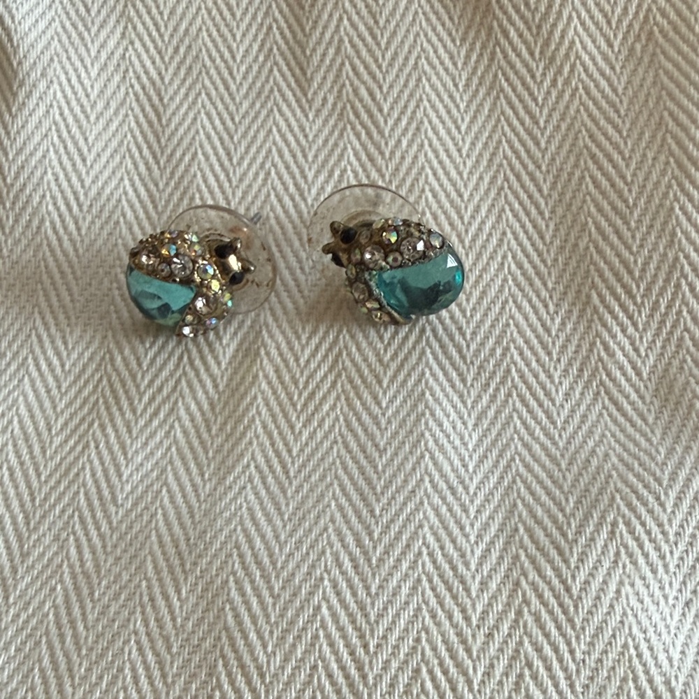 Betsey Johnson Ladybug Teal Crystal Cluster Stud Earrings